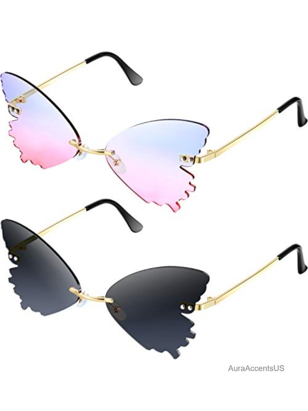 Butterfly Rimless Sunglasses 2 Pairs Metal Frame Adjustable Nose Pads